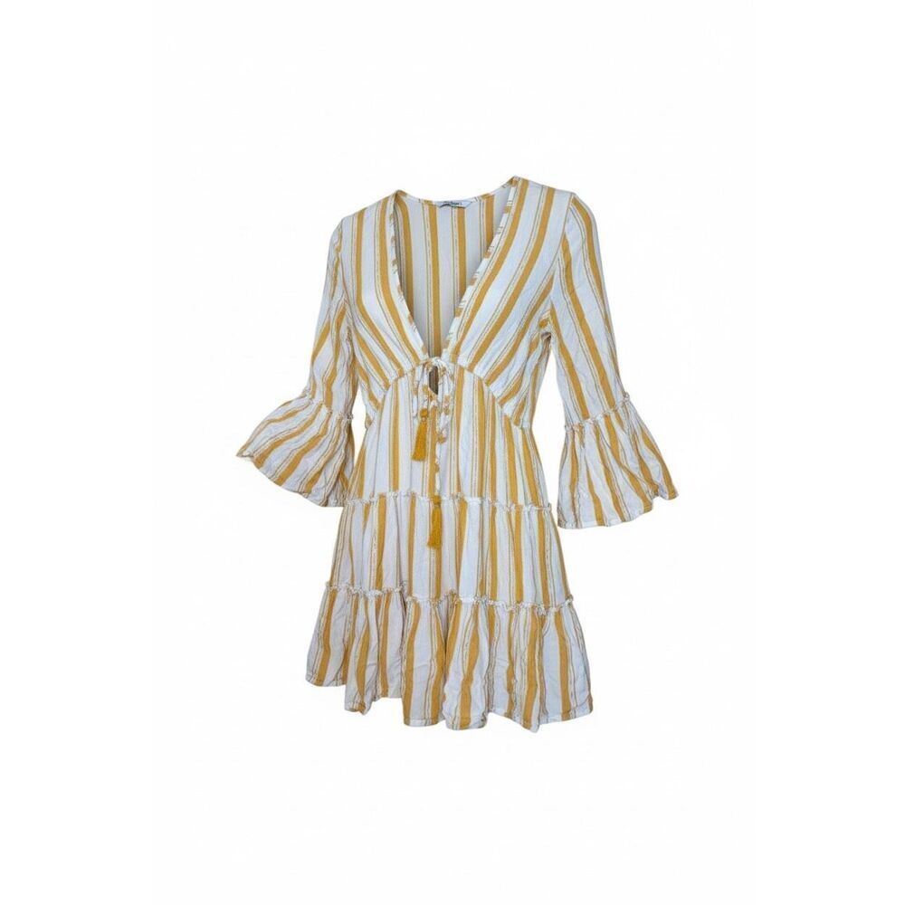 Blue Island Stripe V-Neck Ruffle Tiered Metallic Coverup Dress White Gold Sz XS